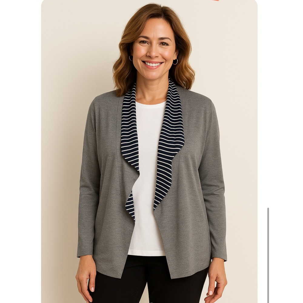 Chicos Weekends Open Front Cardigan Gray Navy Striped‎ Knit Size 3